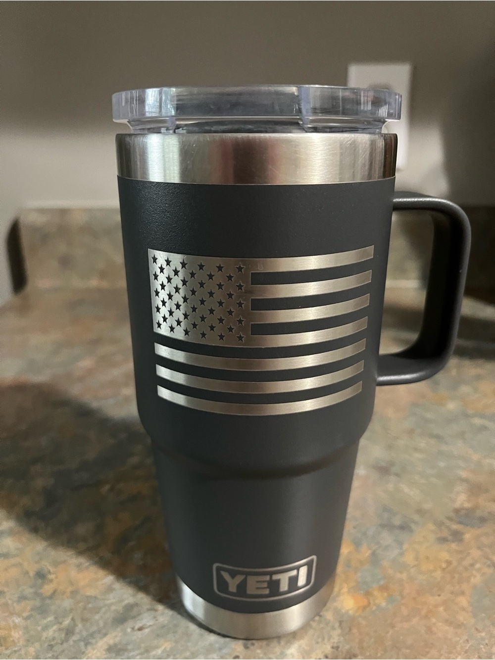 Yeti Gray 20 oz Travel Mug with  American Flag Design